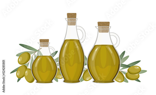 Olive oil in different glass jugs set, branch and leaves, vector illustration on white background