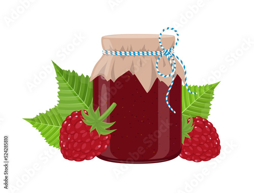 Raspberry jam or confiture jar in rustic style, homemade fruit berry preserve, vector illustration on white background