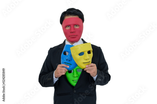Businessmen wear red mask and hide many masks in suit.