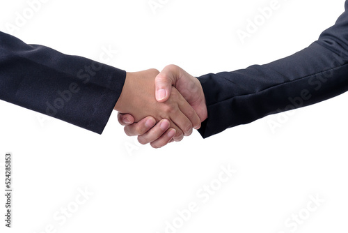 Two businessmen shake hands on white background.