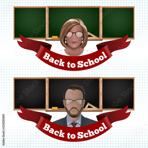 Teacher man and teacher woman on chalkboard background. School blackboard set. Back to school. Collection of black and green school boards. Vector illustration