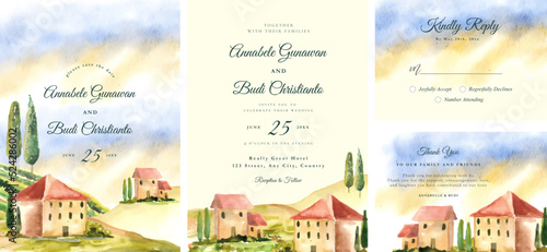 Wedding Invitation set with watercolor tuscany hills of italy