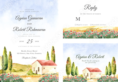 Wedding Invitation set with watercolor tuscany hills of italy