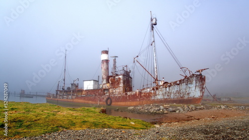 Old whaling ship in the fog  at the old whaling station in Grytviken  South Georgia Island