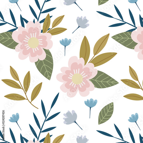 Charming spring summer seamless pattern  with pink flowers  leaves  twigs. Vector pattern with flowers in a minimalist style. Suitable for printing  posters  advertising  fabric.