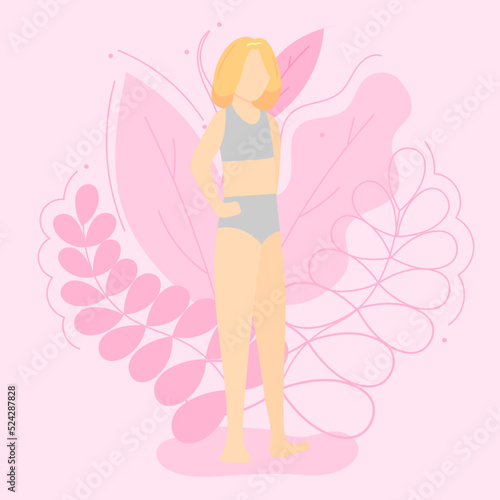 Vector illustration on the theme of body positivity. A girl with flat shapes, with a short hairstyle and blonde hair on a background of beautiful leaves. Flat style