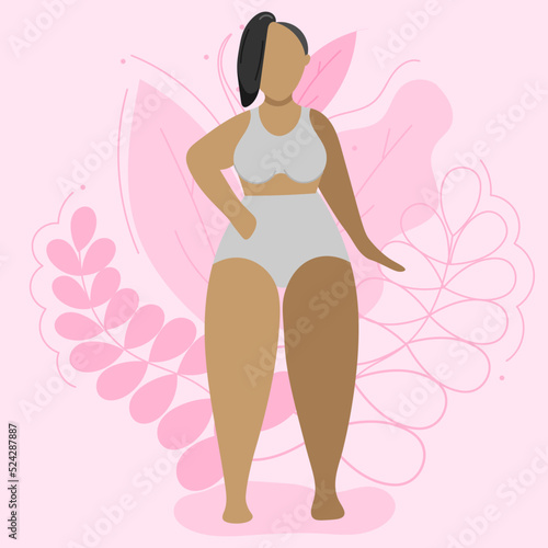 Vector illustration on the theme of body positivity. A girl with wide hips, with a very short haircut on the background of beautiful leaves. Flat style