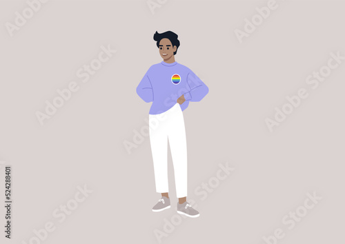 A young Caucasian character wearing a rainbow pin on their sweater, LGBTQ community