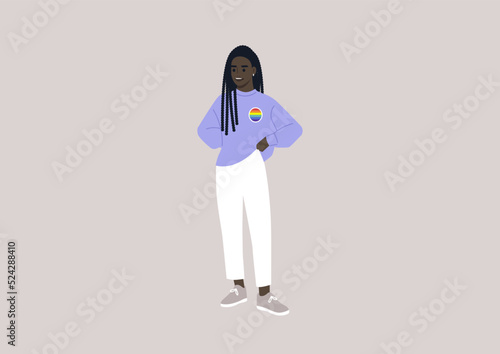 A young African character wearing a rainbow pin on their sweater, LGBTQ community