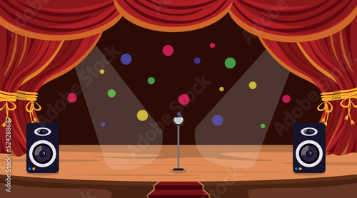 Vector illustration of beautiful interior wooden scenes. Cartoon interior with microphone, speakers, curtains, stairs, colorful balloons.