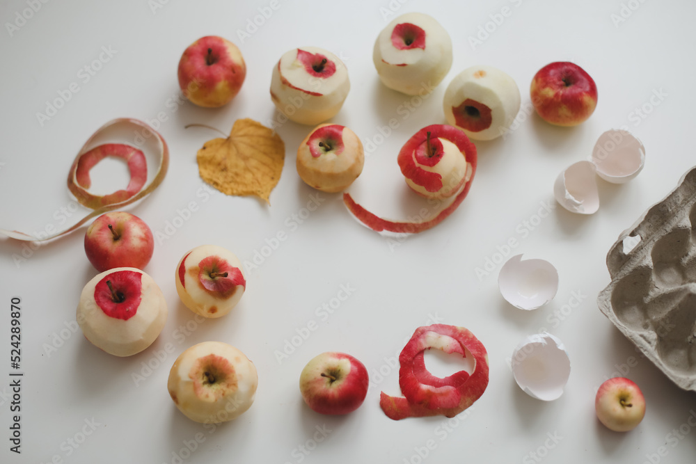 ingredients for baking apple cake charlotte on white table top view ingredients for baking apple cake charlotte on white table top view