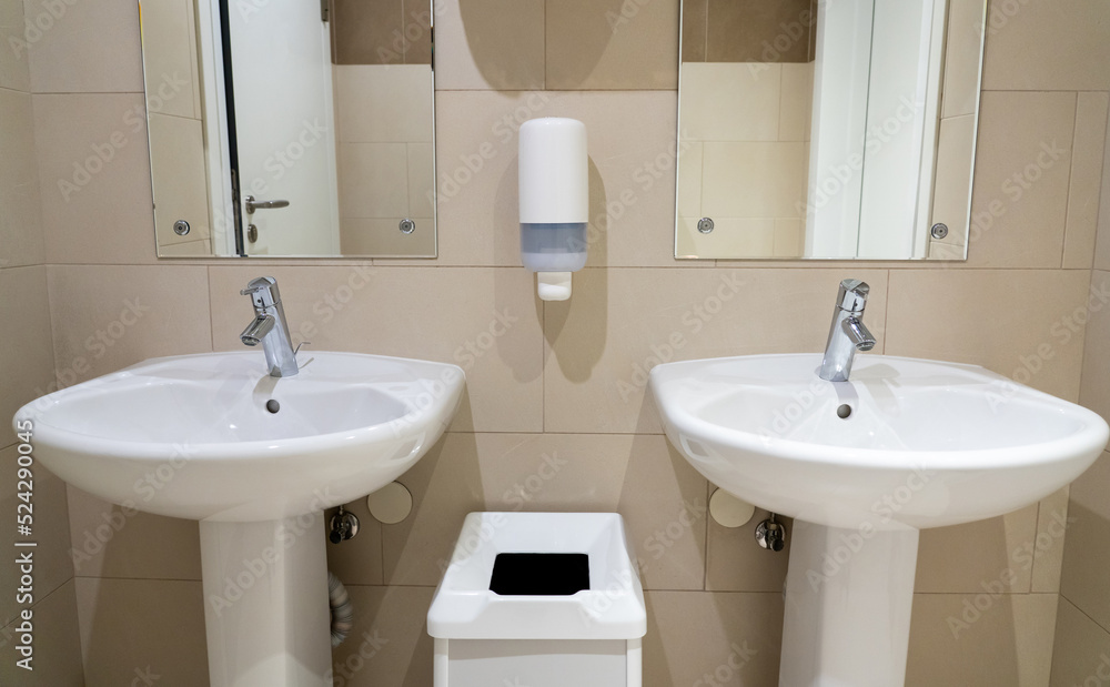 Fototapeta premium Pair of sinks in a modern public toilet with soap dishes
