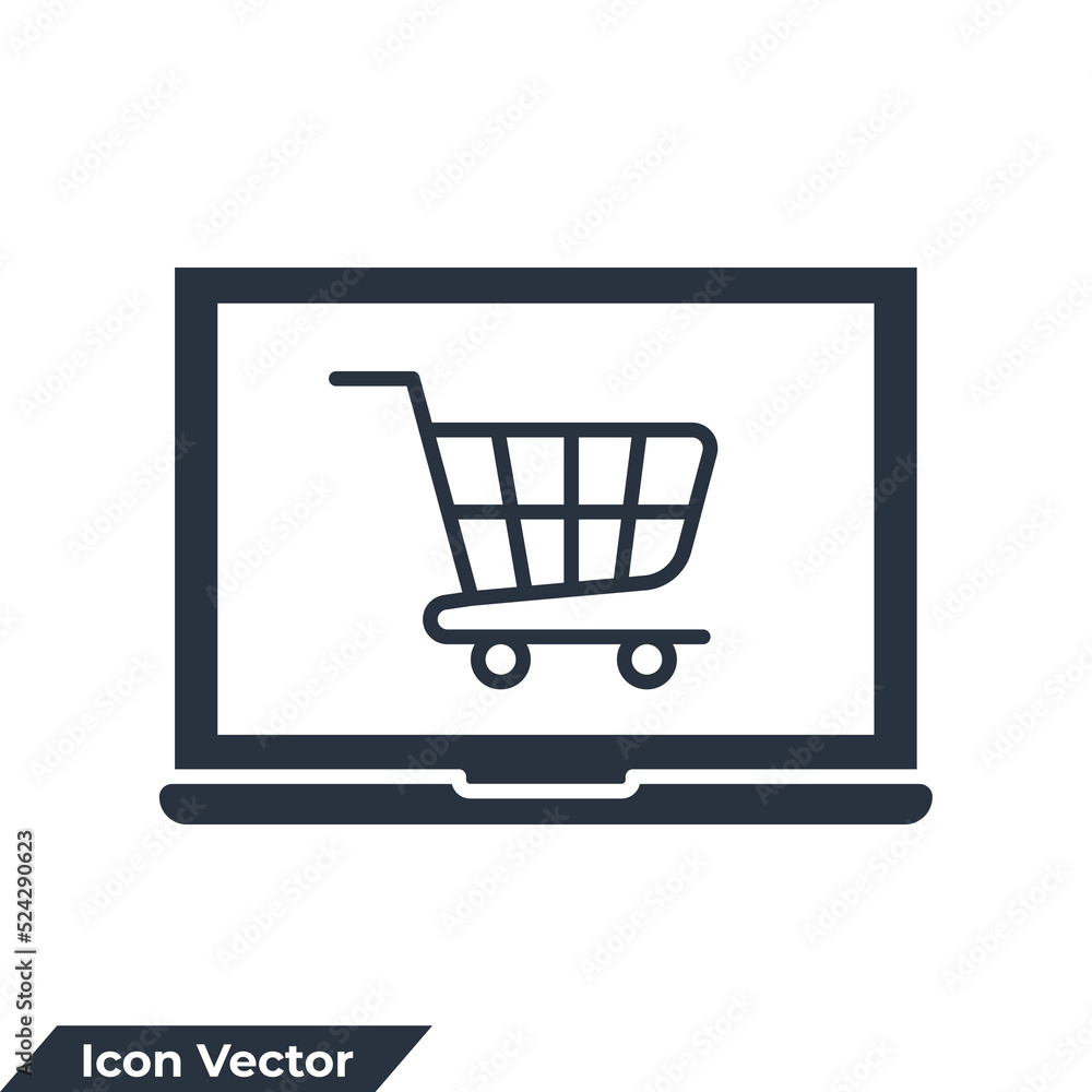 online shopping icon logo vector illustration. Computer display with shopping cart symbol template for graphic and web design collection online shopping icon logo vector illustration. Computer display with shopping cart symbol template for graphic and web design collection