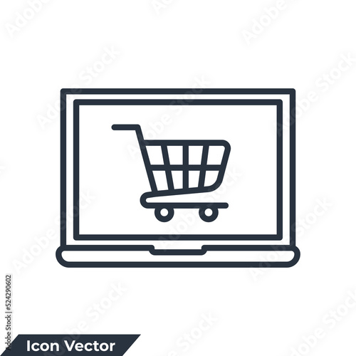 online shopping icon logo vector illustration. Computer display with shopping cart symbol template for graphic and web design collection