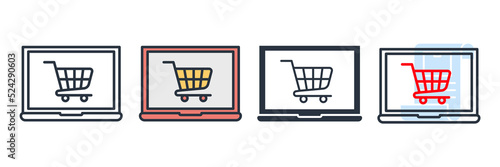 online shopping icon logo vector illustration. Computer display with shopping cart symbol template for graphic and web design collection