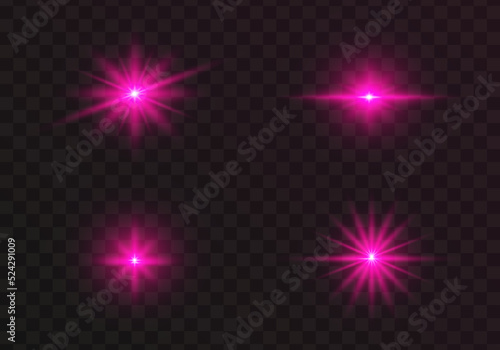 Set of glowing light stars with sparkles. Transparent shining sun, star explodes and bright flash. Pink bright illustration starburst.
