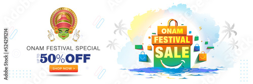 Onam festive sale offer banner design. Onam Festival of kerala Boat racing with shopping bag background.