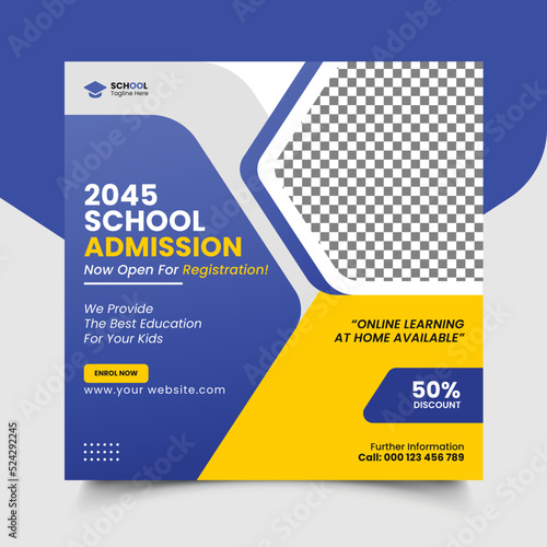 School admission social media post design template. Back to school square flyer or banner layout