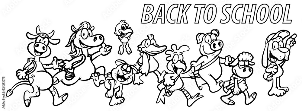 Cartoon illustration of Farm Animal group wearing backpack and going to school, Dog, Cat, Sheep, pig, broiler, duck, dairy cow, bird, and horse. Best for coloring book with educational themes for kids