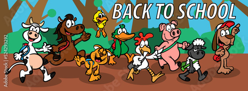 Cartoon illustration of Farm Animal group wearing backpack and going to school, Dog, Cat, Sheep, pig, broiler, duck, dairy cow, bird, and horse. Best for background with educational themes for kids