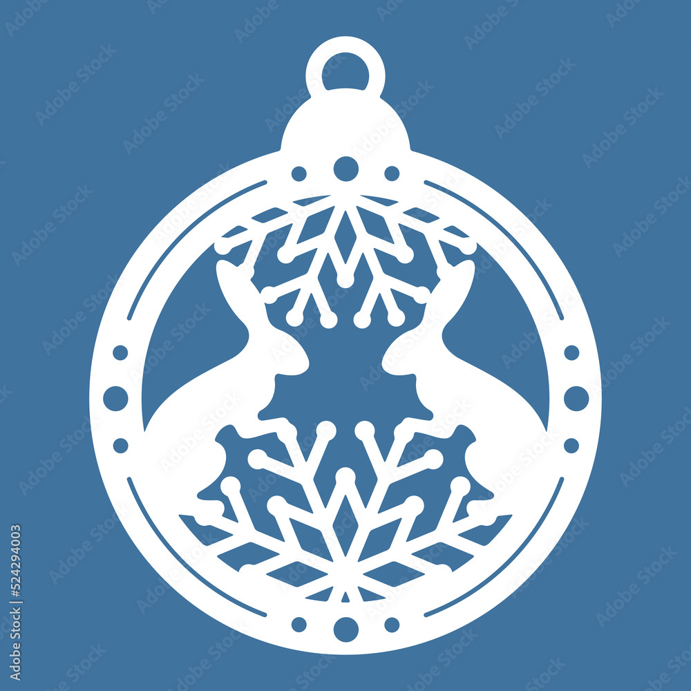 Temlate of laser cut Christmas ball with rabbits and snowflakes. Sample for a New Years card, invitation to a Christmas party. For printing, laser, paper or plotter cutting. Vector illustration. Temlate of laser cut Christmas ball with rabbits and snowflakes. Sample for a New Years card, invitation to a Christmas party. For printing, laser, paper or plotter cutting. Vector illustration.