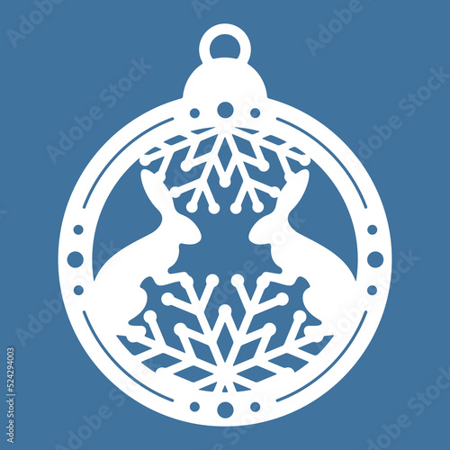 Temlate of laser cut Christmas ball with rabbits and snowflakes. Sample for a New Years card, invitation to a Christmas party. For printing, laser, paper or plotter cutting. Vector illustration.