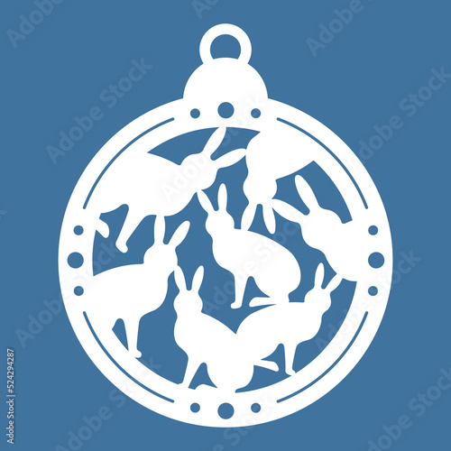 Temlate of laser cut Christmas ball with silhouettes of rabbits. Sample for a New Years card, invitation to a Christmas party. For printing, laser, paper or plotter cutting. Vector illustration.