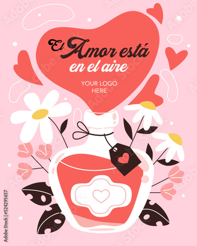 Plantilla vertical de diseño vectorial, ilustración con concepto femenino de botella de loción, flores y corazones alrededor, con espacio para texto y logo.