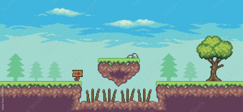 Pixel art arcade game scene with tree, floating island, trap, board and ...