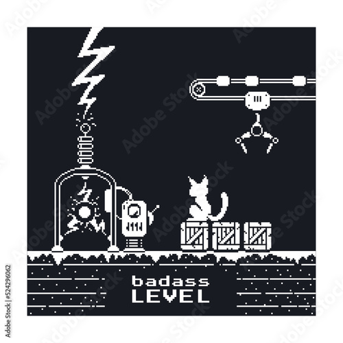Black and white simple vector 1bit pixel art illustration of cat sitting on boxes in a laboratory where electronic experiments with teleportation are conducted