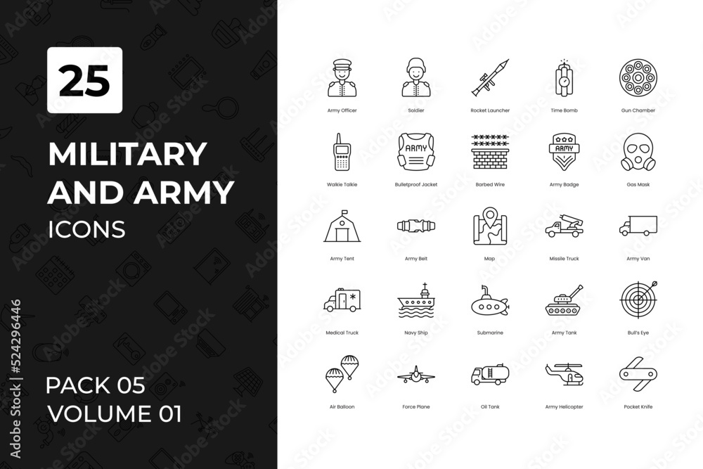 Military And Army icons collection. Set contains such Icons as America, ammunition, armed, and more
