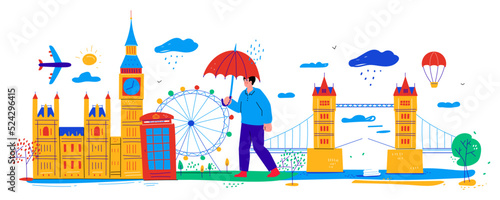 Main sights of London - flat design style banner