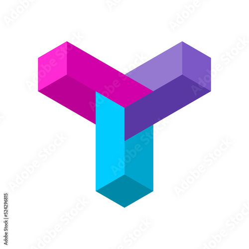 Colorful Y logo template. Infinite geometric shape. 3D letter Y made of blocks. Three rectangles optical illusion. Penrose Esher Impossible figure. Endless object effect. Vector illustration, clip art