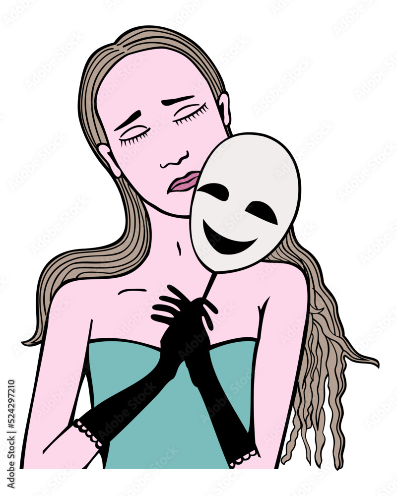 Vector illustration of young sad girl with mask of happiness isolated on white background. Hypocrisy concept. Vector illustration of young sad girl with mask of happiness isolated on white background. Hypocrisy concept.
