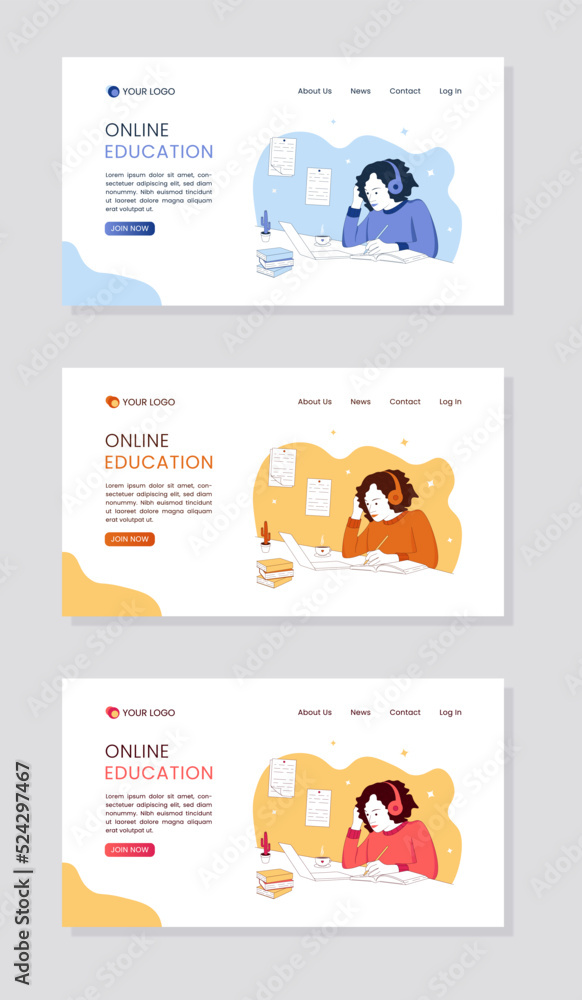 Online education landing page template. Studying at home. Vector illustration in minimalist style.