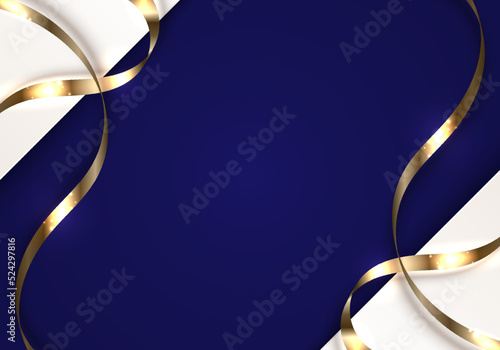 3D modern luxury template design white stripes with golden ribbon curly and lighting on blue background