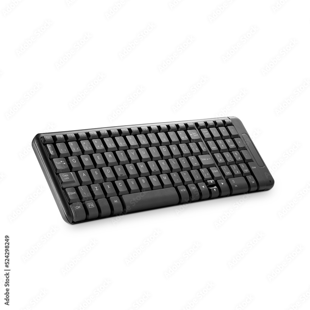Three quarter view of simple black computer keyboard, isolated on white