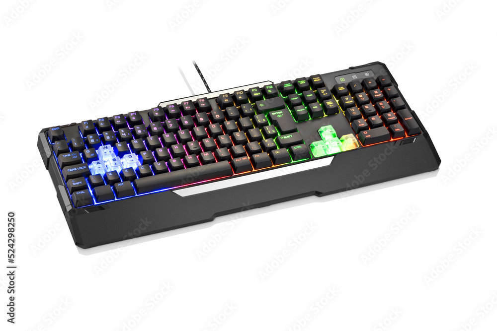 Three quarter view of modern black computer gamer keyboard with colorful lights, isolated on white Three quarter view of modern black computer gamer keyboard with colorful lights, isolated on white