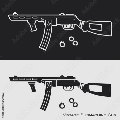 Vintage SMG vector illustration template. Classic handheld lightweight machine gun clip art. Can be used for t-shirt prints, or stickers.