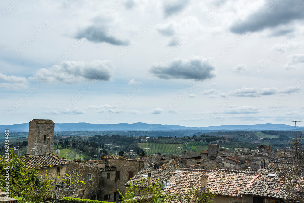 View of the field near the medieval town of San Gemignano, Tuscany, Italy.