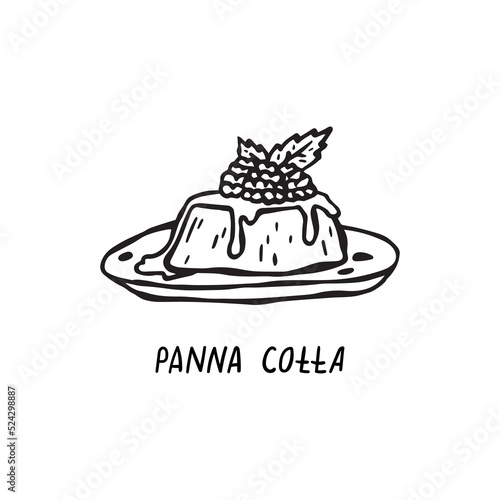 Vector hand-drawn illustration of Italian cuisine. Panna Cotta