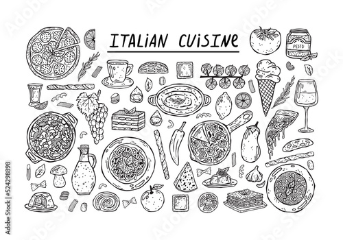 Vector set of hand-drawn illustrations of Italian cuisine.