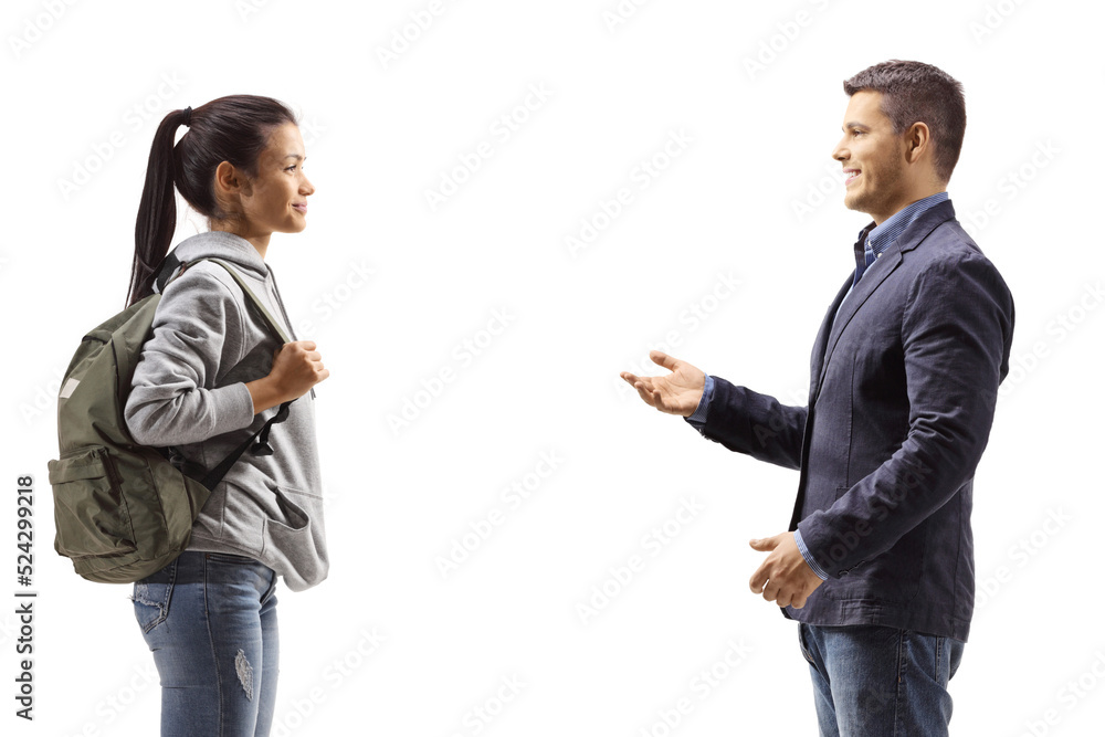 Profile shot of a female student and a young man talking