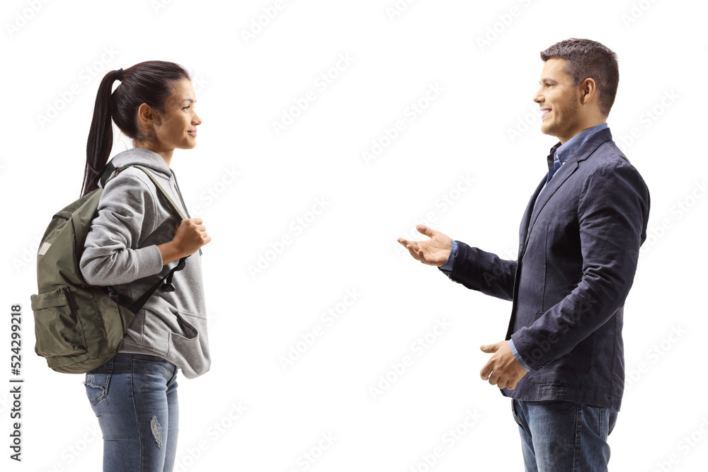 Profile shot of a female student and a young man talking Profile shot of a female student and a young man talking