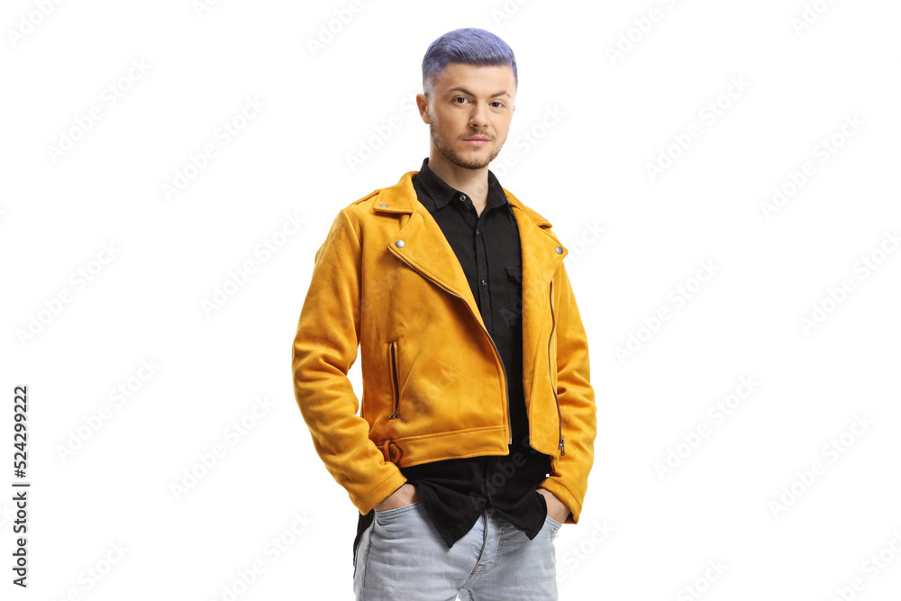 Guy in a yellow leather jacket with dyed hair Guy in a yellow leather jacket with dyed hair