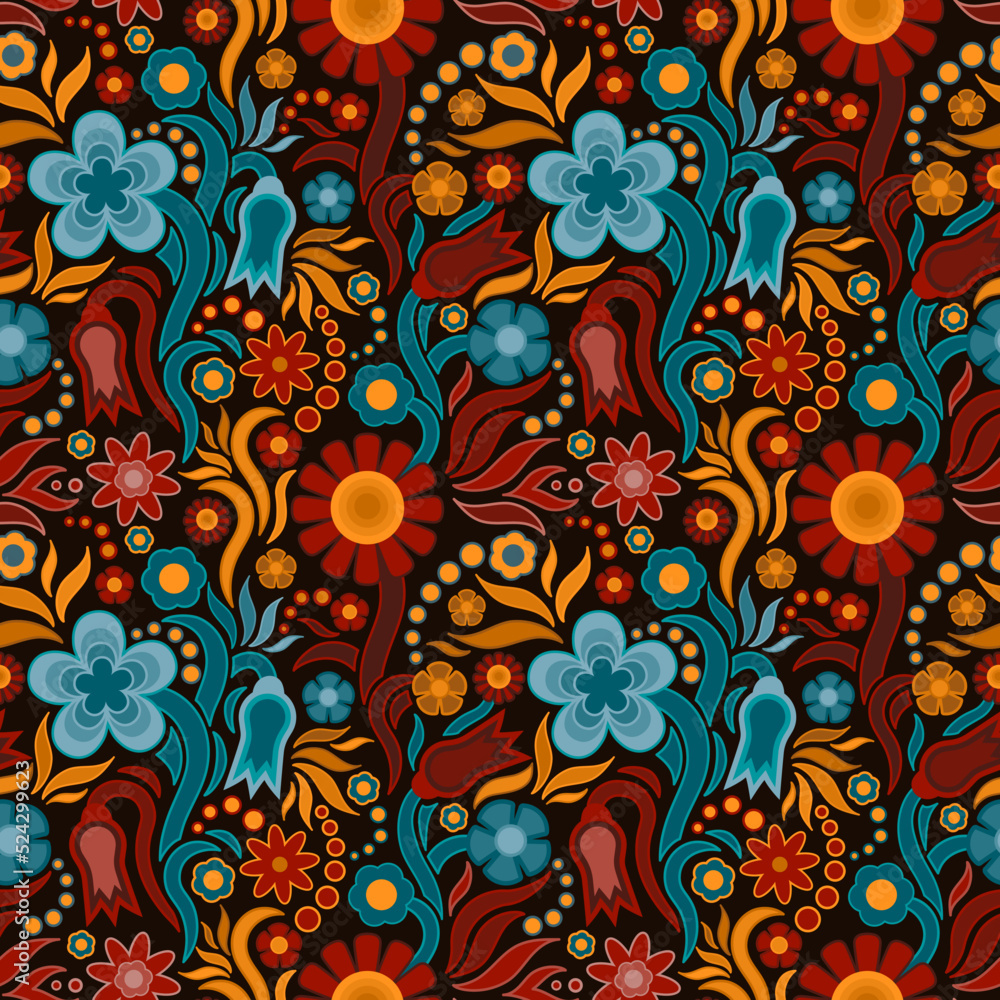 Seamless repeat vector pattern. Groovy, seventies inspired retro flowers with mystical twist.