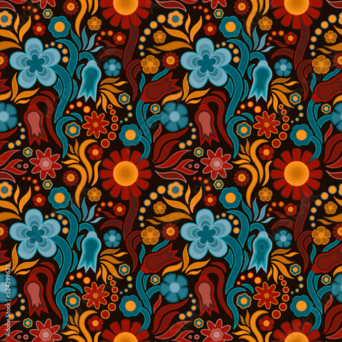Seamless repeat vector pattern. Groovy, seventies inspired retro flowers with mystical twist.