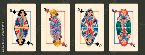 Queens of diamonds, clubs, hearts, spades. Playing cards. Gambling, poker concept. Cartoon style. Hand drawn modern Vector illustration. Poster, t-shirt print, logo, tattoo idea, deck design templates photo