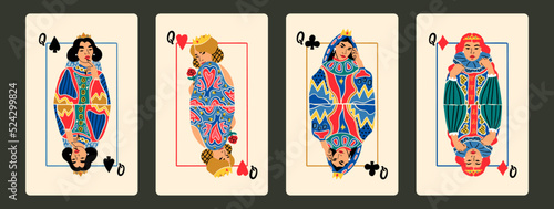 Queens of diamonds, clubs, hearts, spades. Playing cards. Gambling, poker concept. Cartoon style. Hand drawn modern Vector illustration. Poster, t-shirt print, logo, tattoo idea, deck design templates