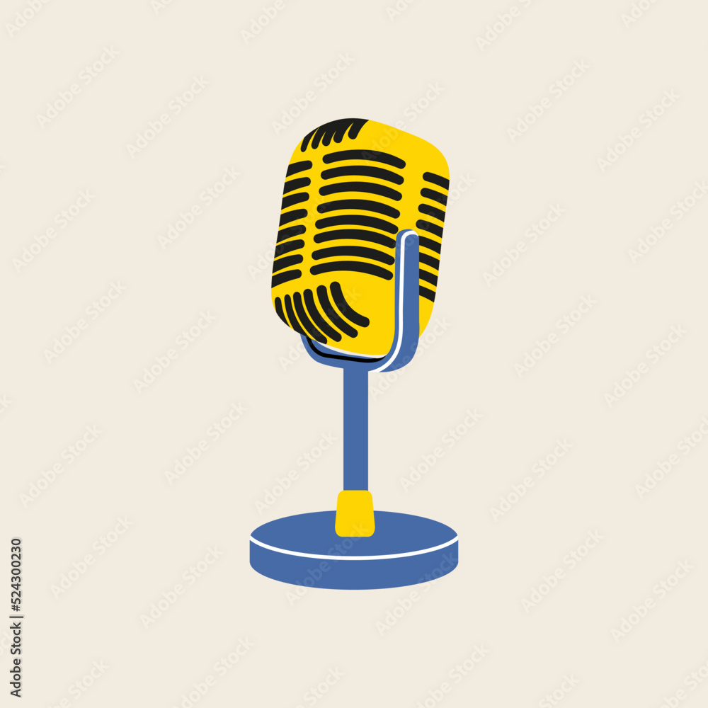 Vecteur Stock Studio microphone clip art in modern flat line style. Hand  drawn vector illustration of mouthpiece, transmitter, mike, podcast,  broadcast studio misc, mic. Music vintage equipment, retro element. | Adobe  Stock